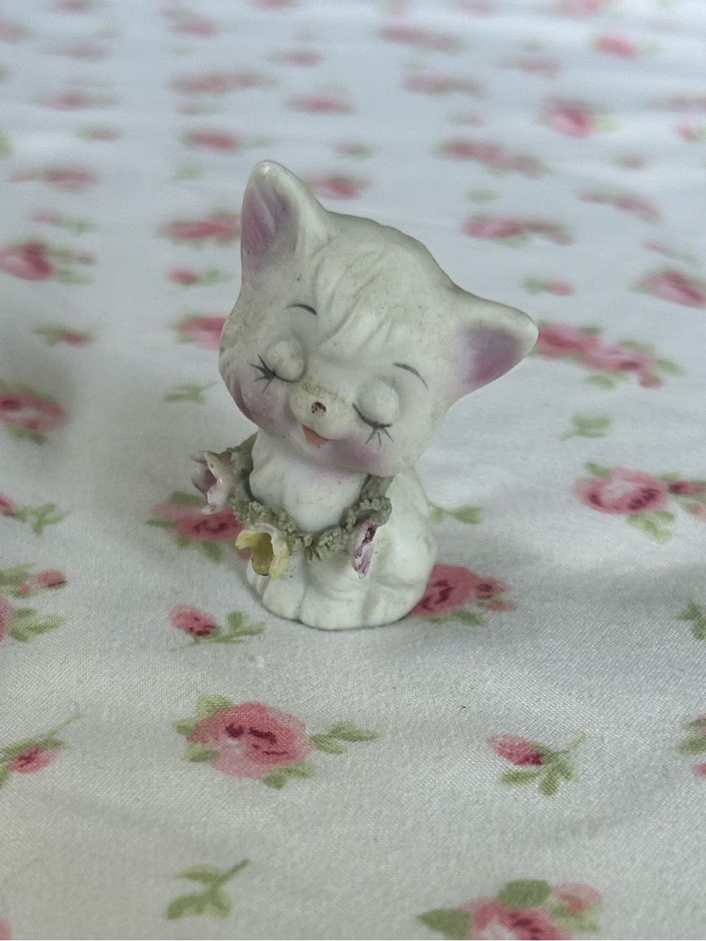 Mini Ceramic Cat Figurine - White with Pink Accents